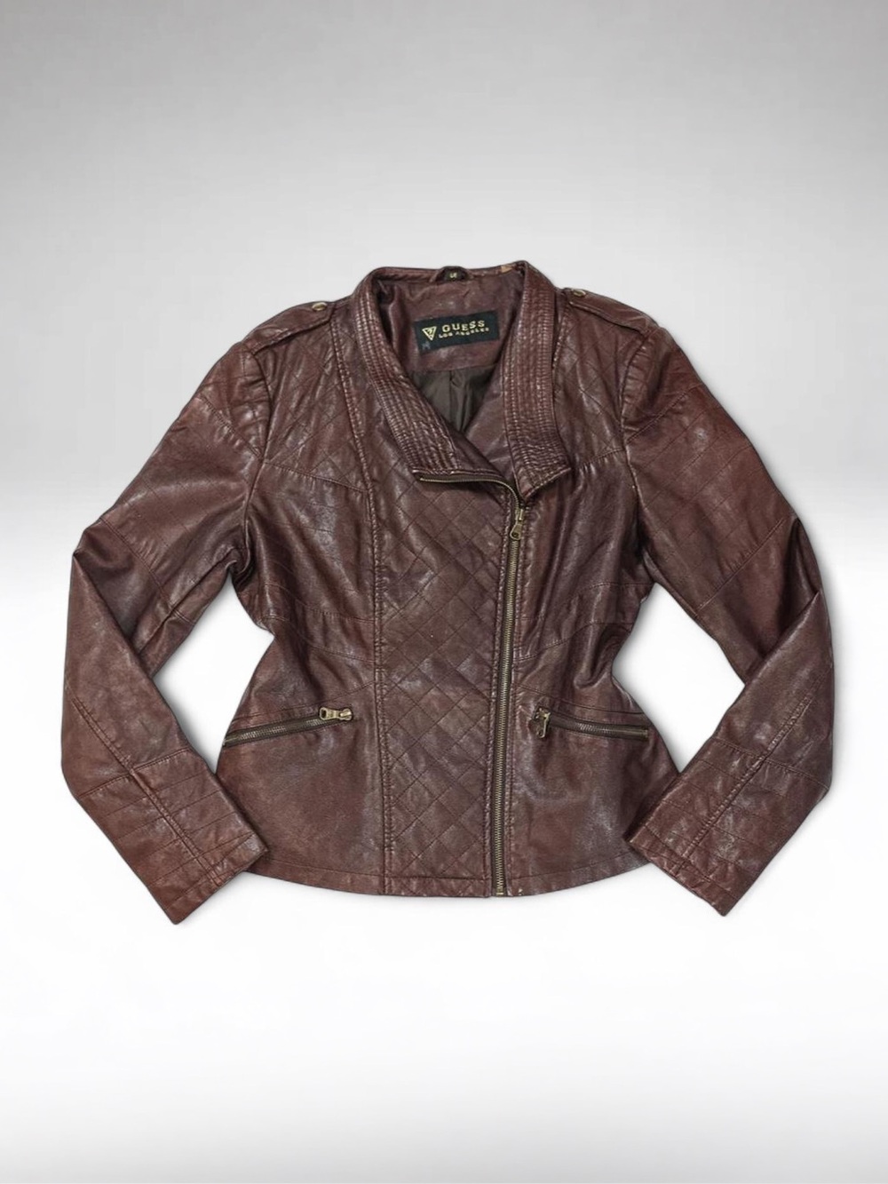 Guess Los Angeles Burgundy Quilted Faux Leather Moto Jacket Women’s M